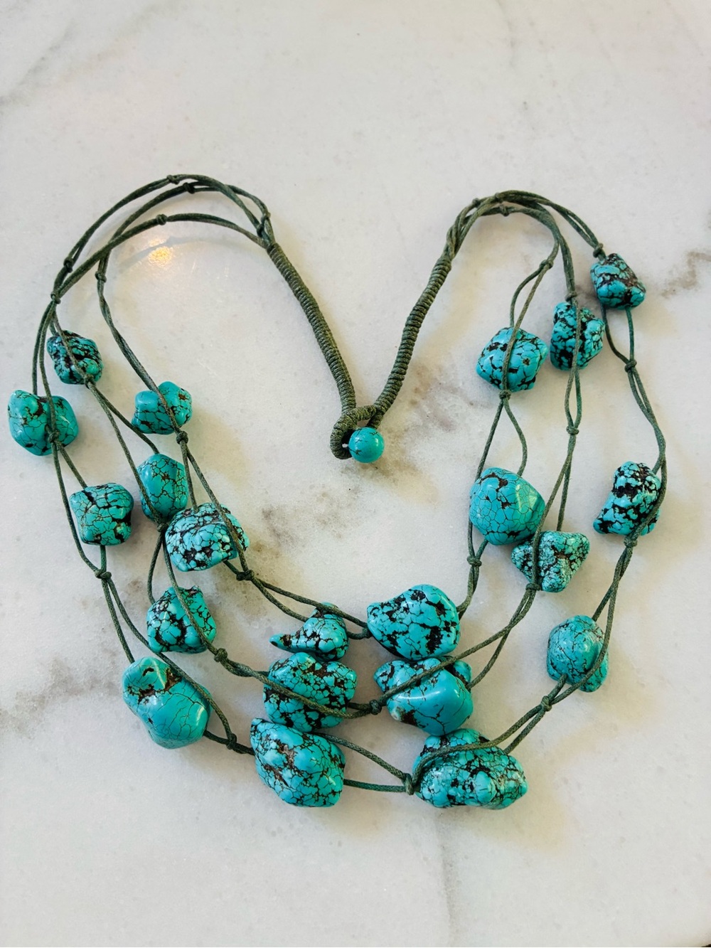 Raw Turquoise Beaded 3-Strand Corded Necklace | Boho Statement Piece